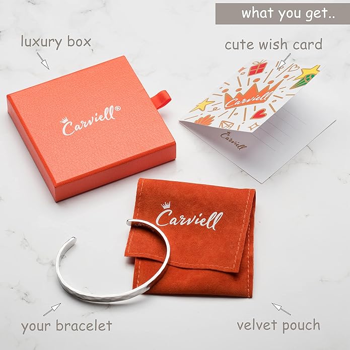 Carviell Engraved Cuff Bracelets for Women – Inspirational, Friendship, Love, Mom, Daughter, Sister, Christian, Graduation, Memorial & Wedding Gifts – 80+ Phrases – Stainless Steel, Gift-Ready
