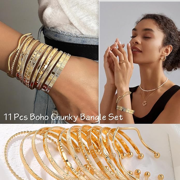 17IF Gold Bangle Bracelet For Women, 14k Multilayer Charm Textured Stackable Bracelets Boho Indian Chunky Cuff Fashion Jewelry Gift