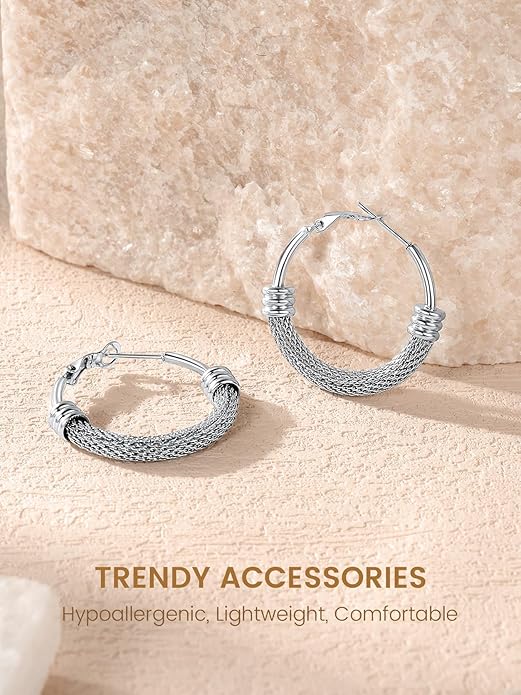 KeyStyle Mesh Hoop Earrings for Women, Stainless Steel Gold Hoops Earring Lightweight Loops, 2MM Thick Hypoallergenic Circle Endless Hollow Hoop 20mm-80mm