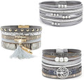 Wowanoo 3Pack Leather Cuff Bracelet Set Multilayer Wrap Bracelet Crystal Feather Tree Bracelet Magnetic Clasp Bracelet for Women