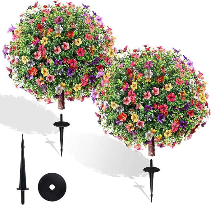 27.5" Artificial Flowers Boxwood Topiary Ball Tree Set of 2, UV Resistant Fake by Unknown