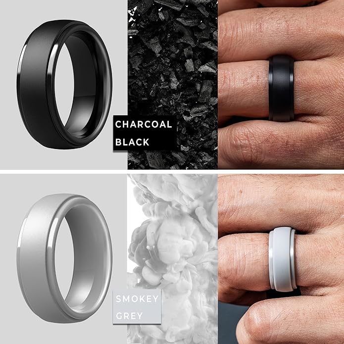 ThunderFit Silicone Rings for Men - 7 Rings / 4 Rings / 1 Ring Step Edge Rubber Wedding Bands 10mm Wide - 2.5mm Thick