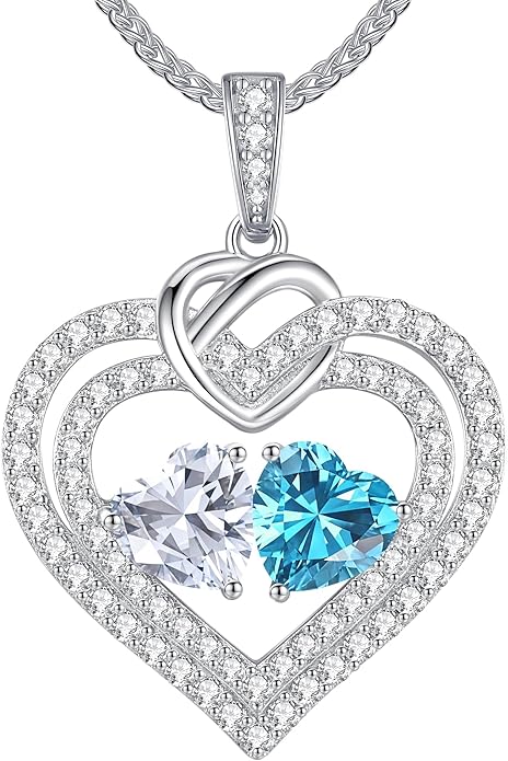 LOUISA SECRET Sparkling Double Heart Birthstone Necklaces for Women, 925 Sterling Silver Fine Jewelry, Pendant Heart Necklaces Birthday Anniversary Christmas Gift for Women Wife Mom Girlfriend Lady
