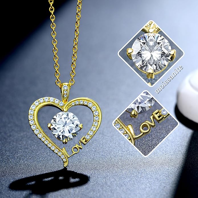 Moissanite Heart Necklaces for Women, 1-3 Carat Moissanite 925 Sterling Silver Love Jewelry, Valentines Day Birthday Wedding Anniversary Engagements Gifts for Women Wife Girlfriend Mom Her
