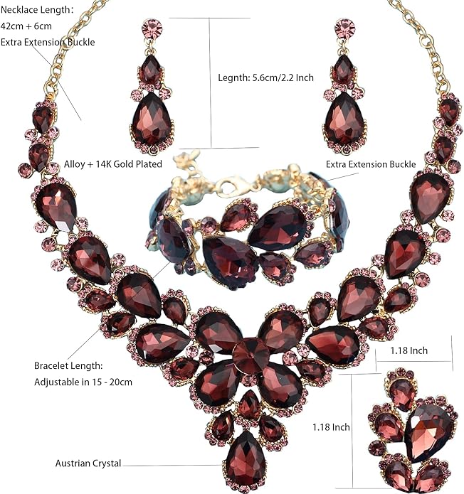 Women's Wedding Bridal Austrian Crystal Glass Teardrop Statement Necklace Dangle Earrings Bracelet Ring Wedding Party Jewelry Set for Bridal Bridesmaid
