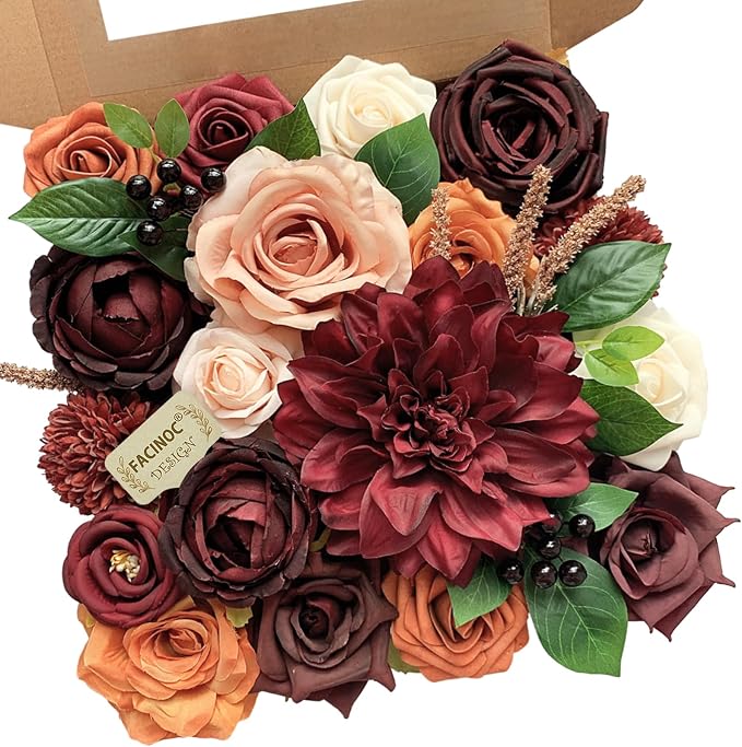 FACINOC Artificial Flowers Orange Burgundy Fake Flowers Dahlia Roses Bulk | DIY by FACINOC