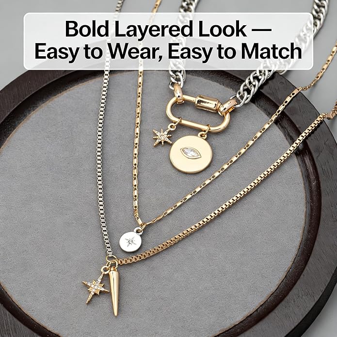 Gold Layered Necklaces for Women, 2PCS/3PCS Mixed Metal Necklace Set with Gold and Silver Necklace Chains with Evil Eye, Star & Spike Charms, Chunky Necklaces for Women & Necklace Stack Trendy Pendant Jewelry Birthday Valentines Day Gifts for Her
