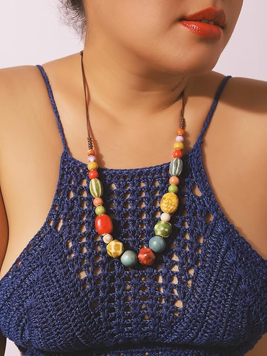 MINACHI Hippie Boho Colorful Ceramic Round Beads Strand Necklace, Bohemian Fashion Statement Jewelry Gift for Women