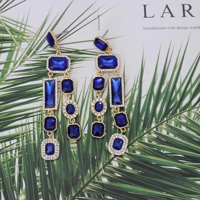 Vintage Rectangle Teardrop Chandelier Earrings, Art Deco Wedding Austrian Crystal Drop Dangle Earrings for Women Party Prom