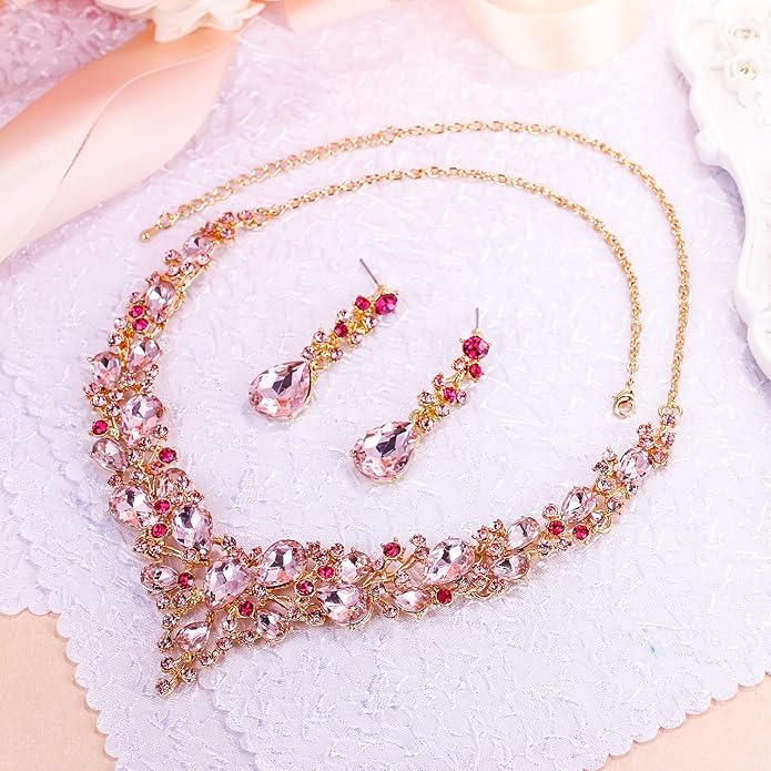 BriLove Women's Wedding Bridal Austrian Crystal Teardrop Cluster Statement Necklace Dangle Earrings Jewelry Set
