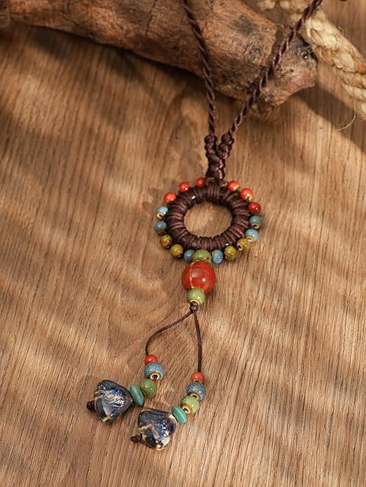 MINACHI Boho Hippie Colorful Ceramic Beads Strand O Ring Circle Charm Long Y Necklace, Vintage Bohemian Statement Jewelry Gift for Women