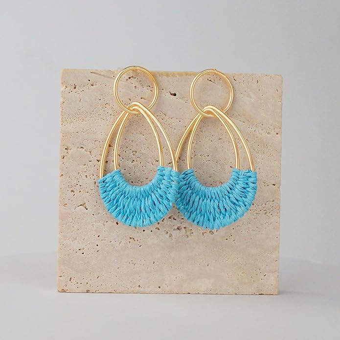 Raffia Hoop Earrings for Women Fun Boho Summer Beach Earrings Lightweight Handmade Straw Wicker Rattan Dangle Earrings Statement Geometric Round Drop Earrings