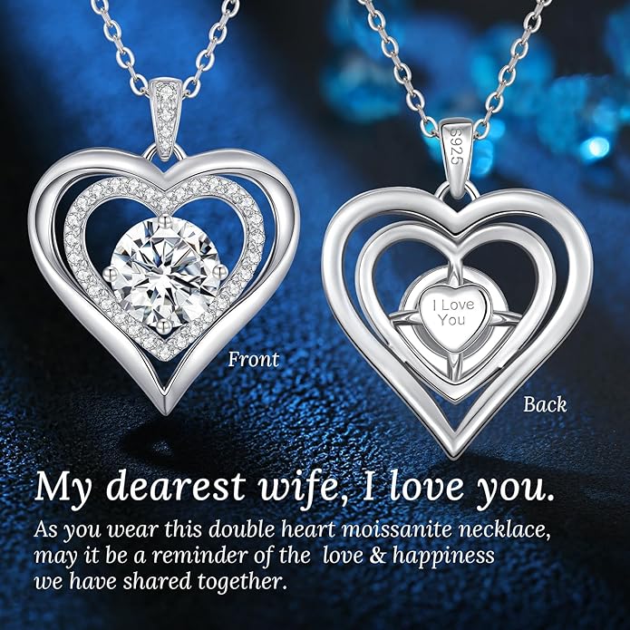 Valentine's Day Gift Moissanite Heart Pendant Necklaces for Women, 925 Sterling Silver Necklace Engraved with 'I LOVE YOU', Ideal Anniversary Birthday Jewelry Gifts for Mom Wife Girlfriend Daughter Her