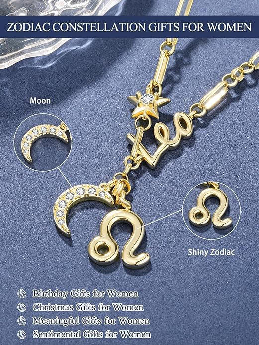 14K Gold/Rose Gold Zodiac Necklace for Women - Horoscope Constellation Pendant with Moon and Star, Luxury Birthday Gifts Jewelry for Her (12 Zodiac Signs)