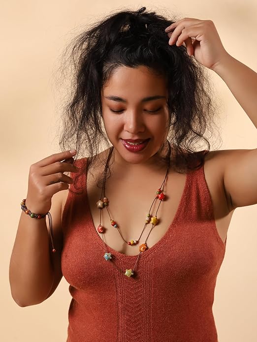 MINACHI Hippie Boho Double Layered Colorful Ceramic Heart Round Bead Necklace, Bohemian Jewelry Gifts for Women