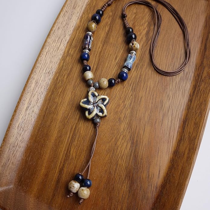 Boho Style Colorful Ceramic Bead Strand Necklace Adjustable Bohemian Jewelry Gift for Women, Fashion Clothing Matching Necklace