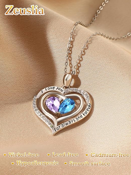 Valentine's Day Gifts for Wife 925 Sterling Silver Double Birthstone Pendant Necklaces I Love You for Always and Forever Necklace Anniversary Birthday Gifts for Wife Girlfriend Mom Her