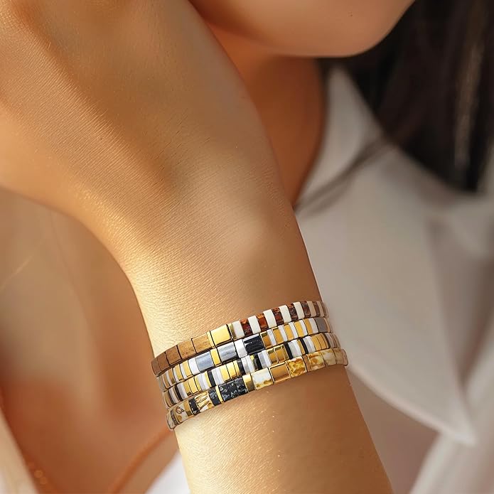 Sonateomber Tila Flat Beaded Stretch Bracelets for Women, Trendy Unique Colorful Square Beads Handmade Stack Bracelet Friendship Accessories Fashion Jewelry Gift