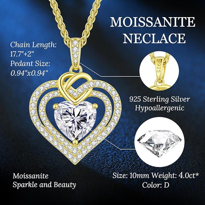OOBEE Valentines Day Gift Moissanite Heart Necklaces for Women, 1- 4 Carat Moissanite 925 Sterling Silver 14K Gold Plated Pendant Necklace, Ideal Anniversary Birthday Christmas Mothers Day Jewelry Gifts for Mom Wife Her Girlfriend Daughter
