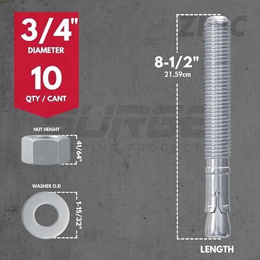 3/4" x 8-1/2" Zinc-Plated Wedge Anchors - Image 2