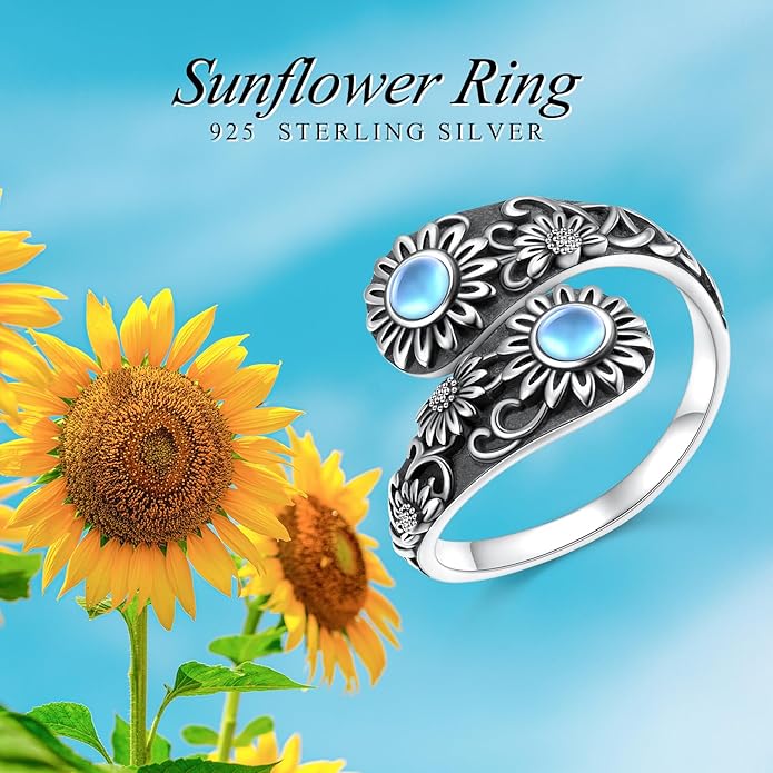 925 Sterling Silver Hummingbird/Sunflower Turquoise/Moonstone/Lily of the Valley Flower Spoon Ring Adjustable Open Ring Statement Thumb Ring Jewelry for Women