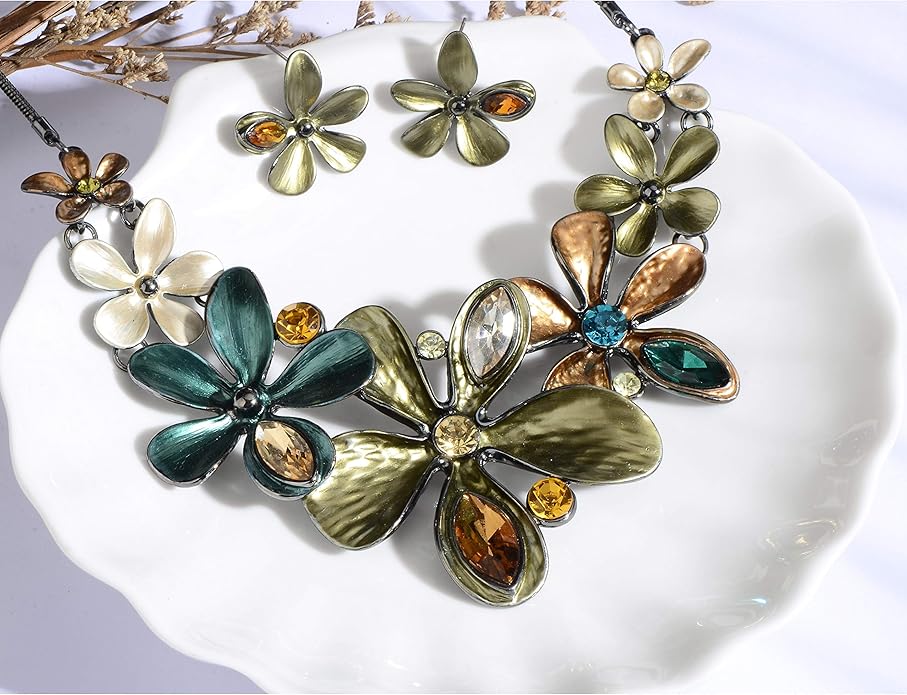 AMYJANE Vintage Statement Jewelry Set - Spring Leaf Flower Floral Plant Necklace Earring Set Crystal Rhinestone Fashion Costume Jewelry for Women Prom Party Unique Gift