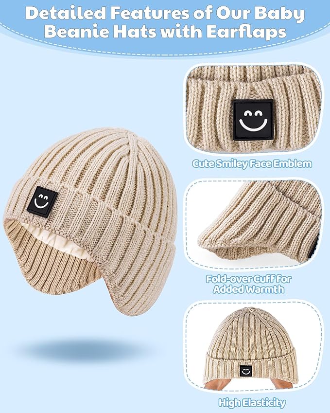 3 Pack Baby Beanie Hats with Earflaps, 2 Size Baby Winter Hat for Infant Toddler Kids, Fleece Lined Knit Hat for Girls Boys