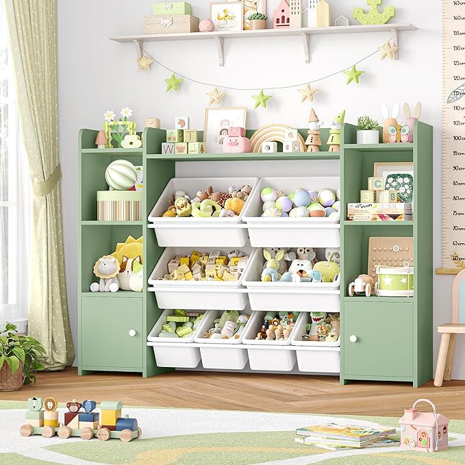 FOTOSOK 55''Large Toy Storage Organizer with 8 Toy Bins, Toy Organizers and Storage with Shelf and 6 Storage Cubbies, Bookshelf for Kids, Playroom Organization and Storage Bins, Green