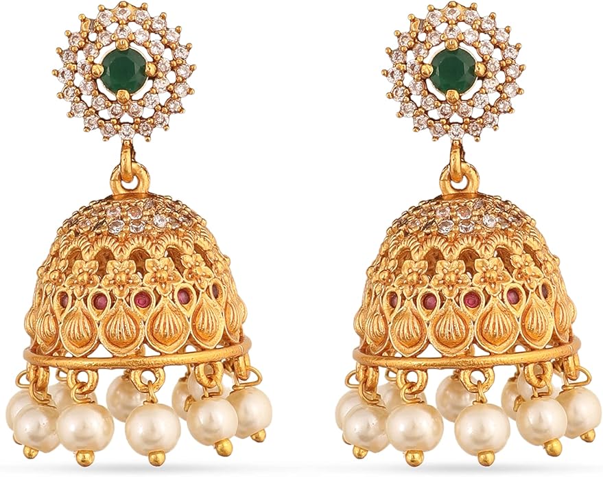 TARINIKA Brass Indian Choker Necklace Set - Gold Plated Cubic Zirconia Indian Jewelry Sets for Women Dangle, Drop, Jhumka Earrings Traditional Desi Necklace Pearls Gift for her