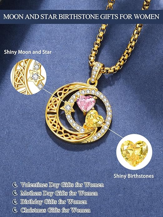 14K Gold Moon and Star Necklace Gifts for Women - Double Heart Birthstone Necklace, Valentines Wedding Anniversary Birthday Gifts for Her Wife Mom Daughter Grandma Sister