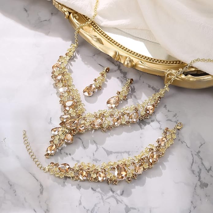 BriLove Women's Wedding Bridal Austrian Crystal Teardrop Flower Cluster Statement Necklace Dangle Earrings Jewelry Set for Party Prom