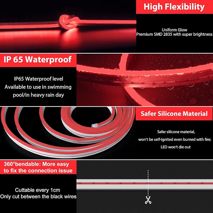 Lamomo LED Neon Lights, 16.4ft Red LED Strip Light, 12V 0.39in/Cut Silicone - Image 3