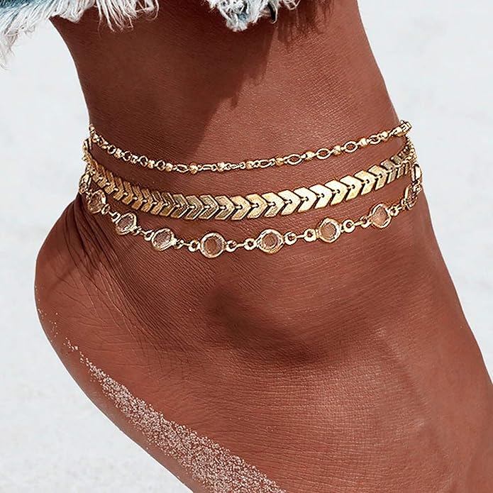 MIDEEO Gold/Silver Ankle Bracelets for Women,14K Gold Anklets for Women Waterproof Cuban Link Heart Beads Herringbone Rhinestone Anklets Set Layered Anklet Bracelets for Women Gold Jewelry Gift