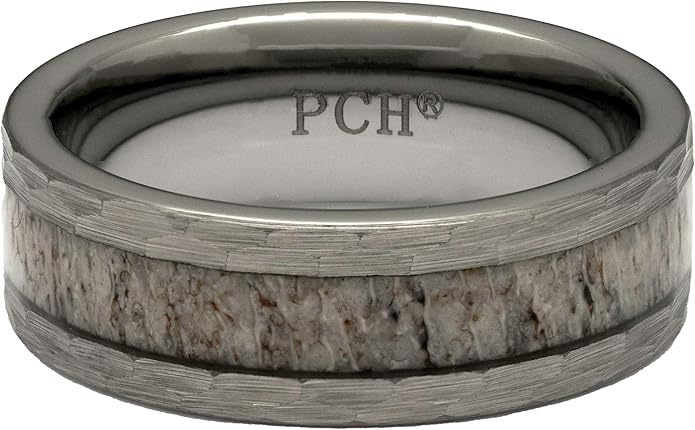 Men's Tungsten Deer Antler With Ring Hammered Finish 8mm Comfort Fit Wedding Band