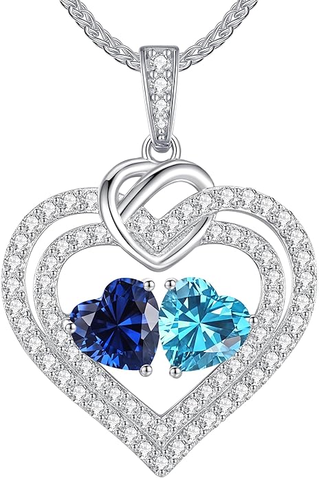 LOUISA SECRET Sparkling Double Heart Birthstone Necklaces for Women, 925 Sterling Silver Fine Jewelry, Pendant Heart Necklaces Birthday Anniversary Christmas Gift for Women Wife Mom Girlfriend Lady