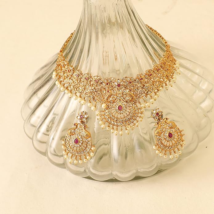 TARINIKA Brass Indian Choker Necklace Set - Gold Plated Cubic Zirconia Indian Jewelry Sets for Women Dangle, Drop, Jhumka Earrings Traditional Desi Necklace Pearls Gift for her