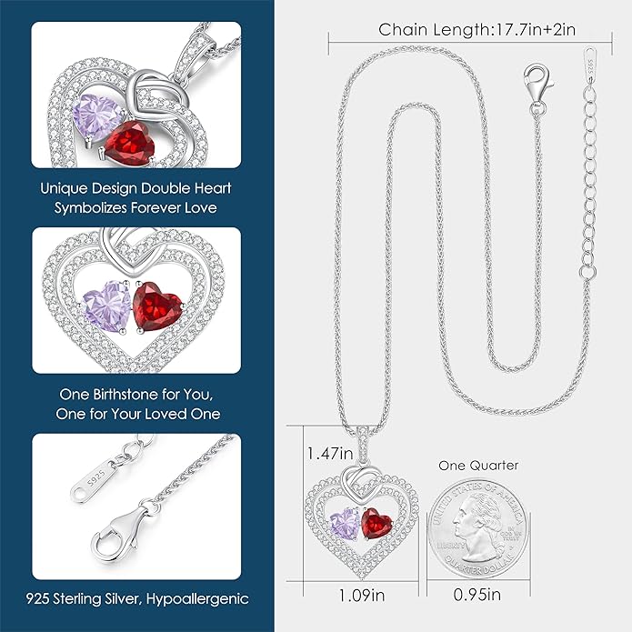 LOUISA SECRET Sparkling Double Heart Birthstone Necklaces for Women, 925 Sterling Silver Fine Jewelry, Pendant Heart Necklaces Birthday Anniversary Christmas Gift for Women Wife Mom Girlfriend Lady