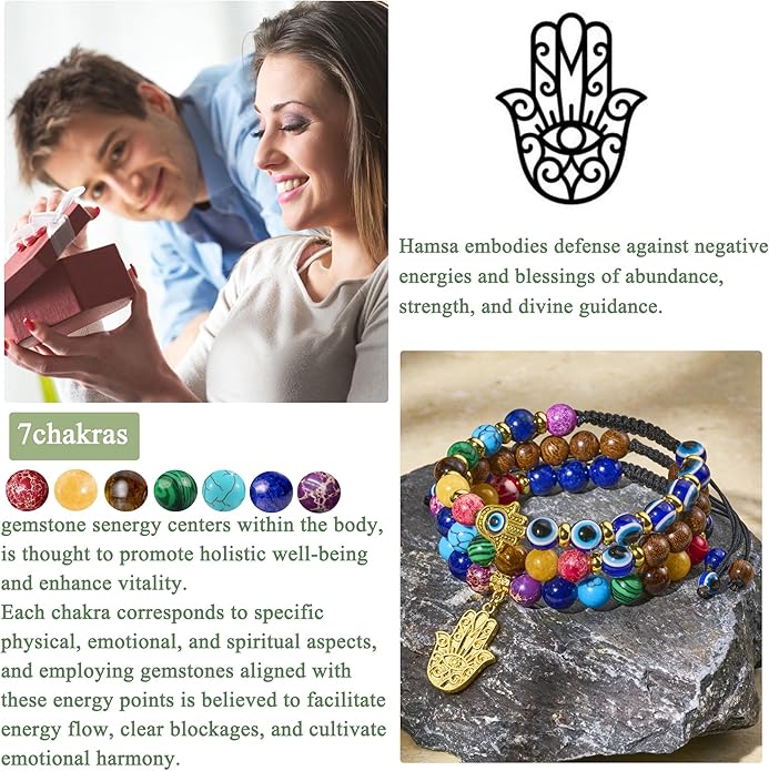 Bivei Chakra Bead Bracelets for Women - 8mm 7 Chakra Bracelet With Real Stones Yoga Gemstone Jewelry 3 Pack