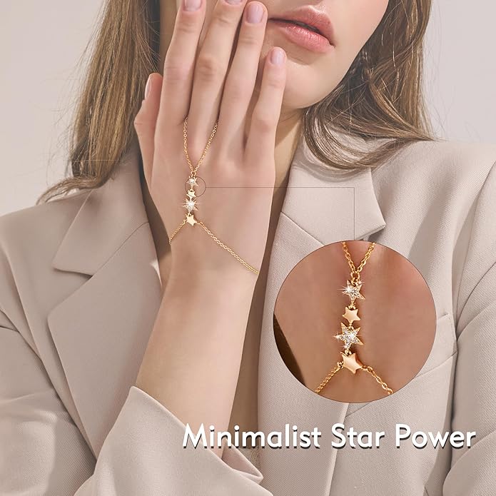 YOIHUR Champagne Gold Plated Hand Chains for Women, Adjustable Hand Chain Bracelet and Ring, Gold Hand Chain Bracelets Stack Jewellery Stars and Cubic Zirconia Hand Jewelry for Valentine's Day