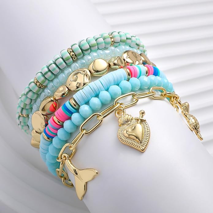 Shell Bracelet Seashell Boho Beaded Stretch Bracelets for Women Summer Beach Bracelets Starfish Charm Bracelet Stackable Gold Plated Bracelets Set for Women