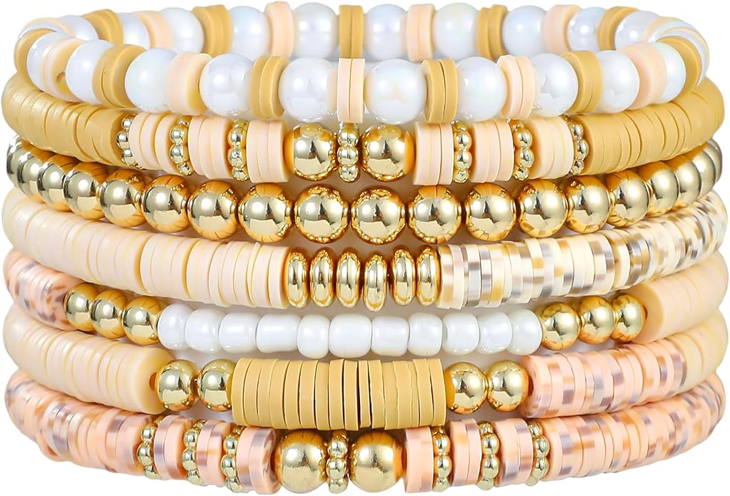 Heishi Beaded Stretch Bracelets for Women Stackable Polymer Clay Beads Bracelets Friendship Boho Summer Beach Bracelet Jewelry Set