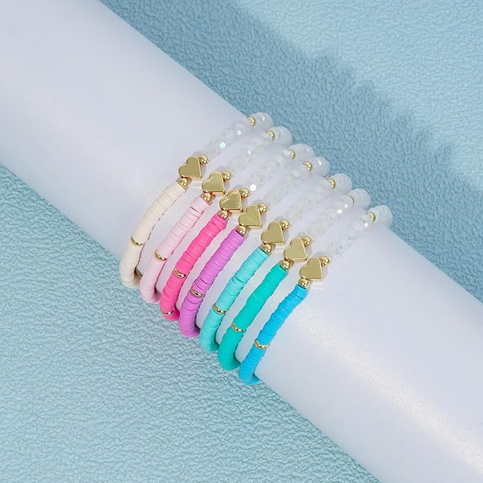 Heishi Beaded Stretch Bracelets for Women Stackable Polymer Clay Beads Bracelets Friendship Boho Summer Beach Bracelet Jewelry Set