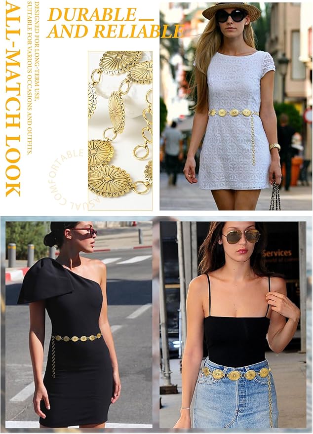 FIORETTO Metal Waist Chain Link Belt for Women Western Cowgirl Boho Turquoise Belts for Dress Jeans Country Concert Outfit