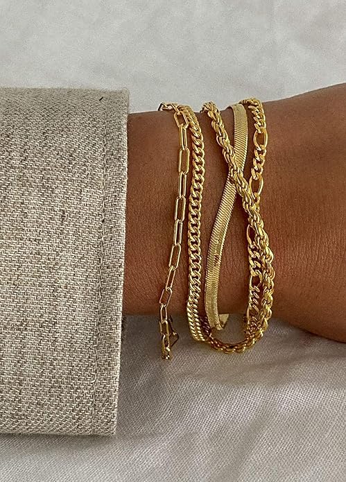 DEARMAY Gold Bracelets for Women Waterproof, 14K Gold Plated Jewelry Sets Trendy Thin Dainty Stackable Cuban Link Paperclip Chain Bracelet Pack Fashion Accessories Gifts for Womens