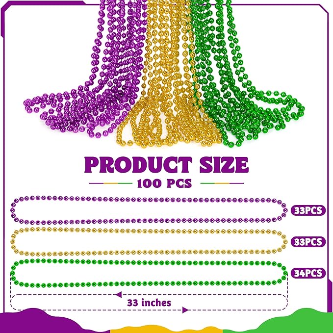 100 PCS Mardi Gras Beads, 33" Mardi Gras Beads Necklaces Bulk, Round Purple Gold Green Beads Bulk, Parade Throw Accessories Set Carnival Mardi Gras Party Supplies Favors Decorations