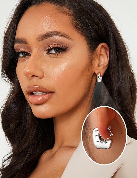 BESTEEL 3Pairs Clip on Earrings for Women Trendy Hypoallergenic 14K Gold Plated Chunky Tube Croissant Waterdrop Clip-on Hoop Earrings Set Fake Jewelry Non Pierced Ears