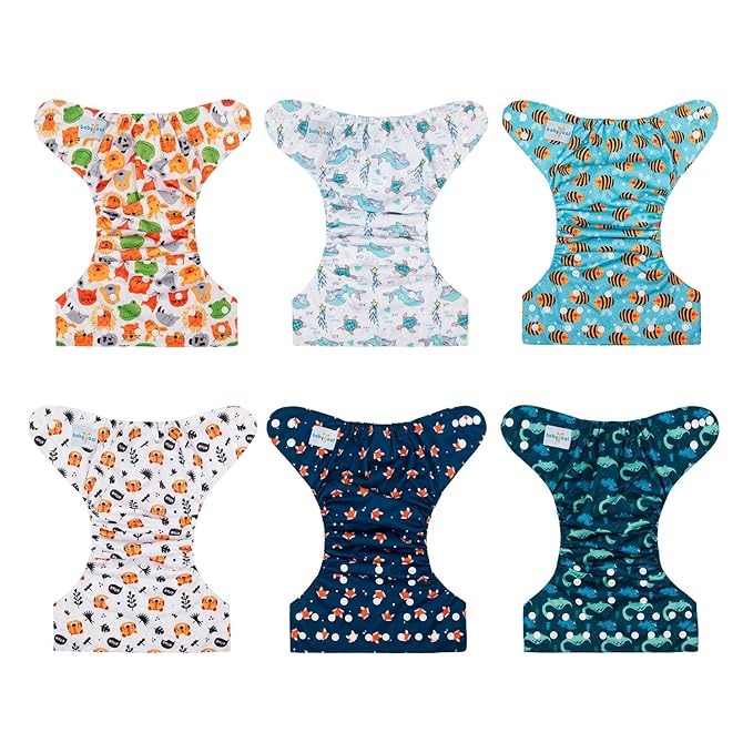 babygoal Reusable Cloth Diapers 6 Pack with 10pcs Inserts, One Size Adjustable Washable Pocket Nappy Covers for Baby Boys and Girls 6FB12