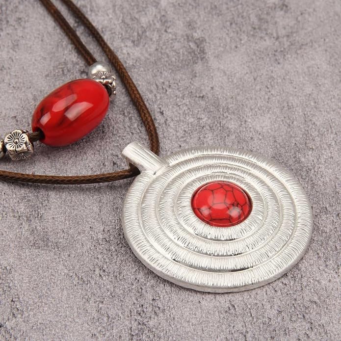 Boho Necklaces for Women Chunky Circle Necklace Layered Boho Circle Leather Choker Necklace Long Vintage Necklaces Bohemian Jewlery Gifts