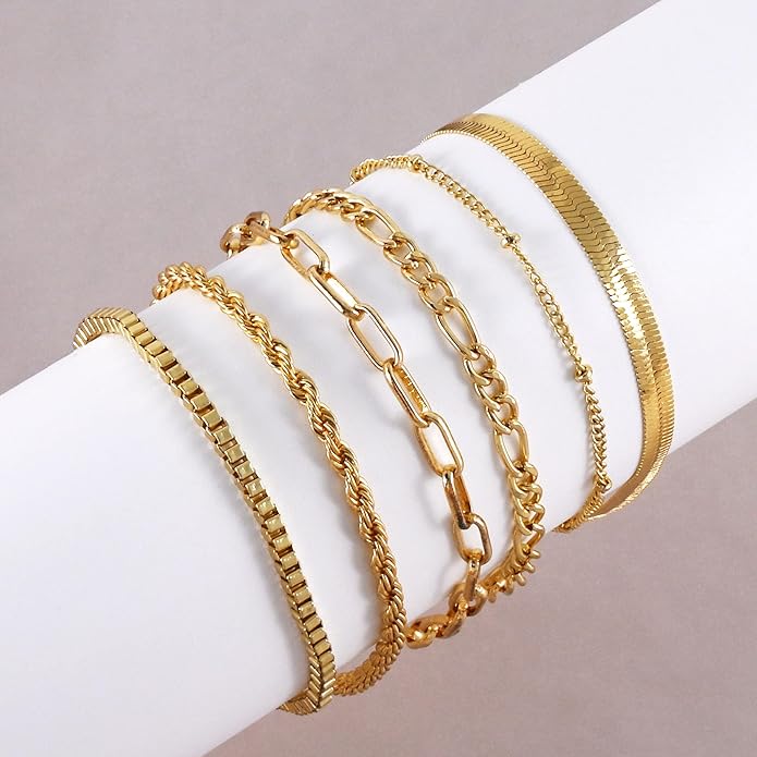 VIBILIA Dainty Gold Chain Bracelet for Women Trendy Stackable Adjustable Layered Metal Bracelet Gold Plated Twist Link Figaro Chain Paperclip Bracelets Fashion Jewelry