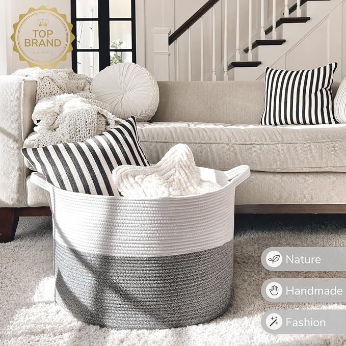 INDRESSME XXXLarge Woven Rope Blanket Basket Living Room Light Grey, 90L | - Image 7